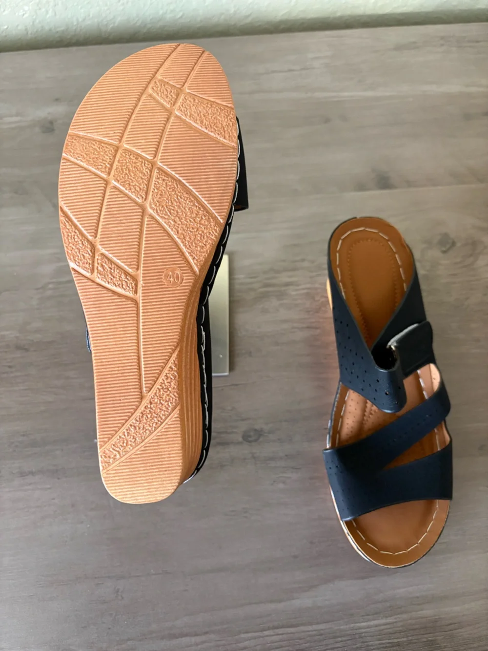 Black Wedge Sandals Size 40 Perforated Open Toe Comfort Shoes